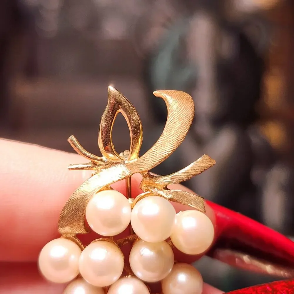 Vintage 14K Gold Cultured Pearl Grape Cluster Brooch Mid Century 1950s 9.71g
